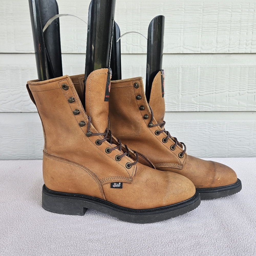 Justin 8" Steel Toe Lace-Up 0764 Work Boots Brown Leather Men SZ 8EE Wide